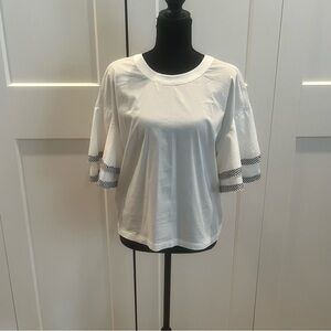 TCEC White Short Sleeve Top With Black Striped Sleeve Detail